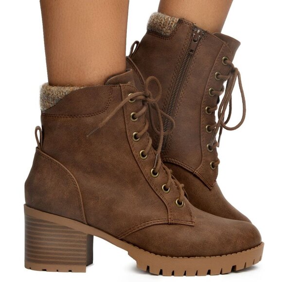 New Distressed Brown Lace-Up Knit Ankle Boots Booties Chunky Block Heel Platform - Picture 5 of 8